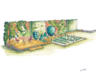 Gartenplanung Holzterrasse und NatursteinmauerPlanung von Gartenteich